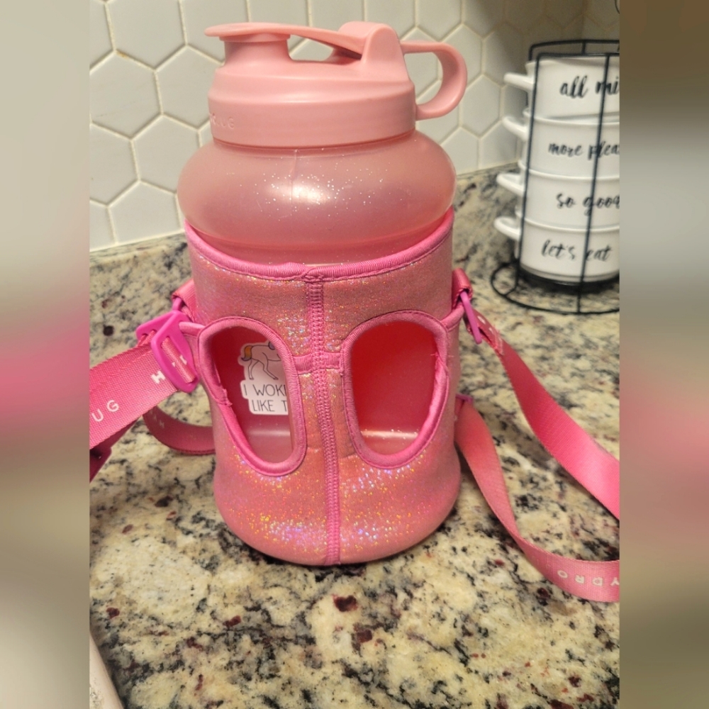 Pink glitter hydrojug with sleeve